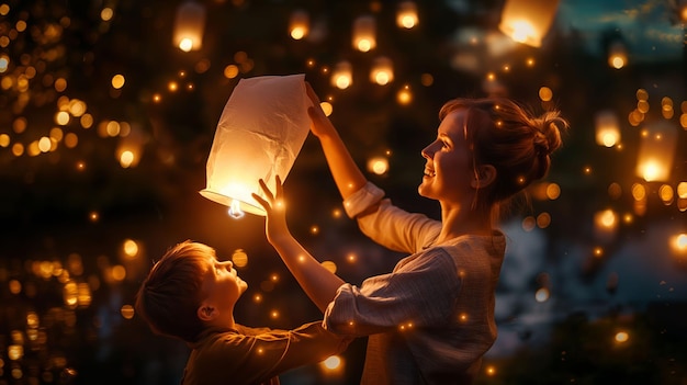 Photo children releasing a sky lantern at night