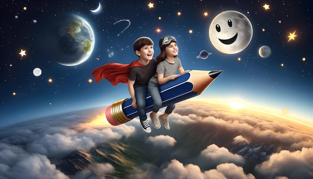 children ride a pencil rocket through the night sky with stars a smiling moo