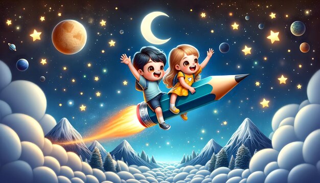 children ride a pencil rocket through the night sky with stars a smiling moo