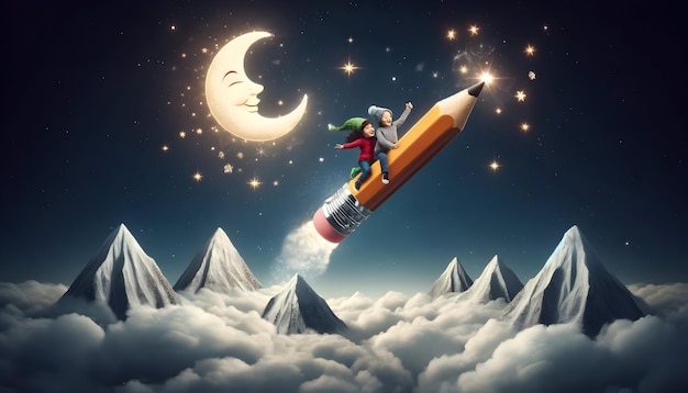 children ride a pencil rocket through the night sky with stars a smiling moo