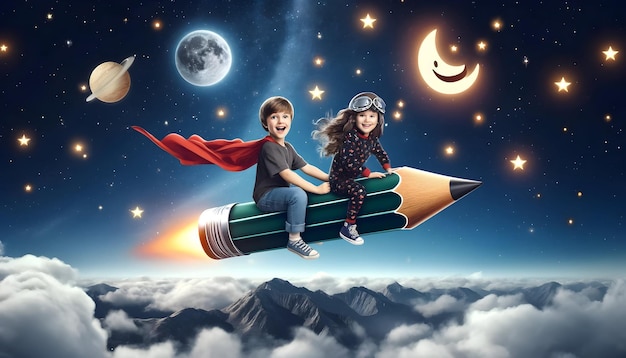 children ride a pencil rocket through the night sky with stars a smiling moo