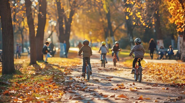 children riding bicycles in a park with the words quot the word quot on the back