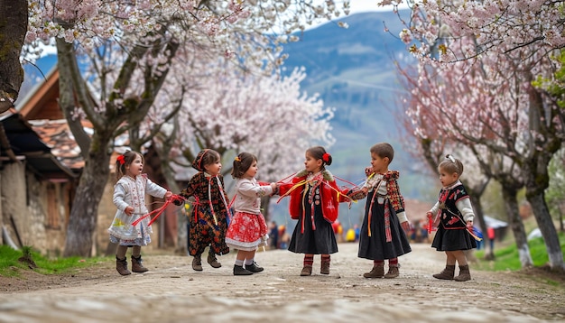 children in a Romanian village exchanging red and white Martisor strings under blossoming cherry tre