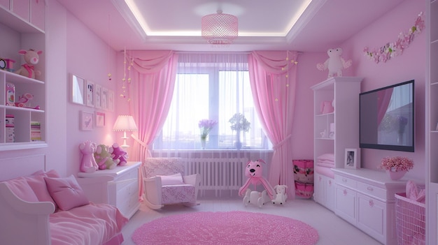 Children room design for a girl bedroom interior in pink modern style Little girl room