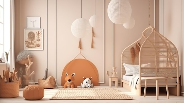 Children room modern interior design Kid bedroom in boho style with toys bed with wooden elements lamps and decor Contemporary home space with furniture illustration background Generative AI