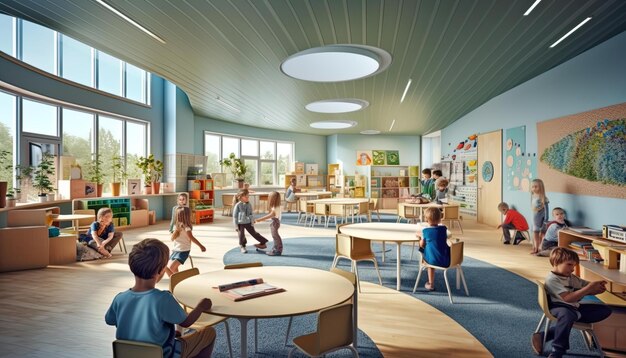 Photo children in a room with a large painting on the wall