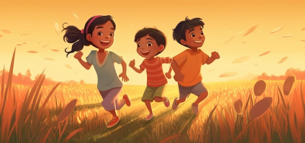 Children run around in the field with the sun behind them cartoon illustration with generative ai