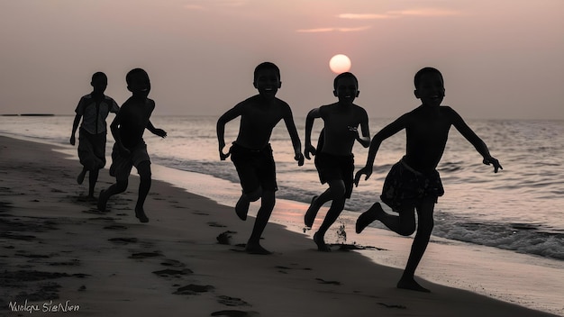 Photo children running on the beach at sunset with the sun setting behind them