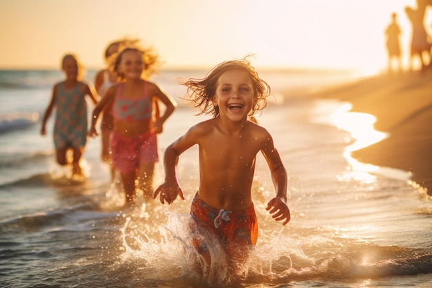 Children running on the beach at sunset