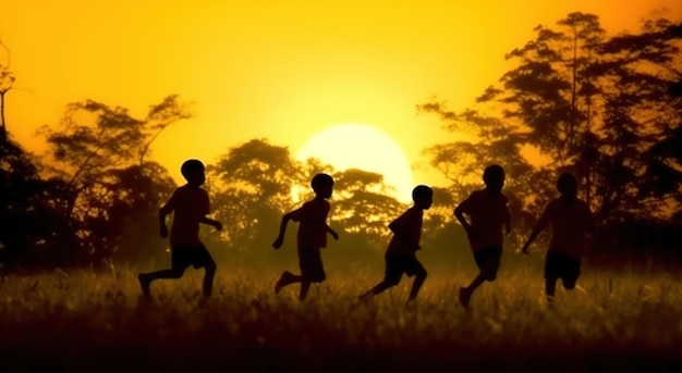 Children running in a field with the sun setting behind them