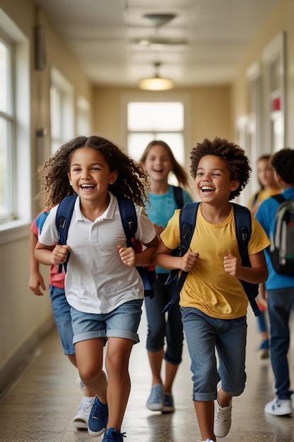 children running in a hallway with their backpacks open