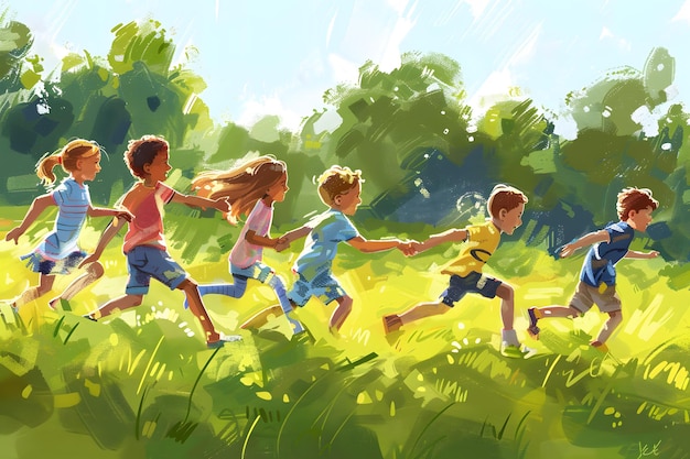 Children running in the park Childrens drawing