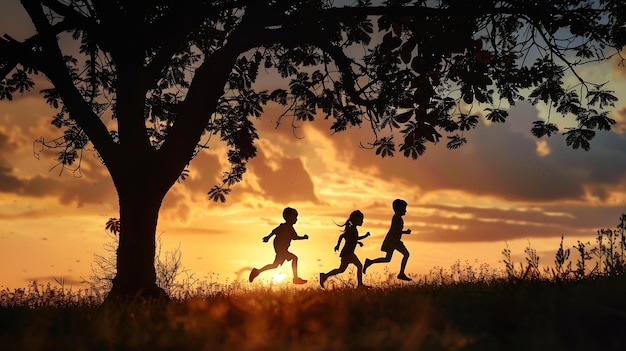 Photo children running in park at sunset happy family kindergarten kids dream concept kids generative ai