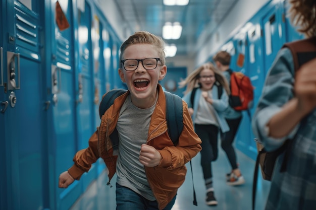 Children running in the school hallway laughing and playing around their lockers Some wearing glasses and backpacks creating an energetic atmosphere