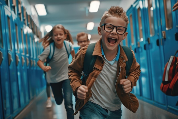 Children running in the school hallway laughing and playing around their lockers Some wearing glasses and backpacks creating an energetic atmosphere