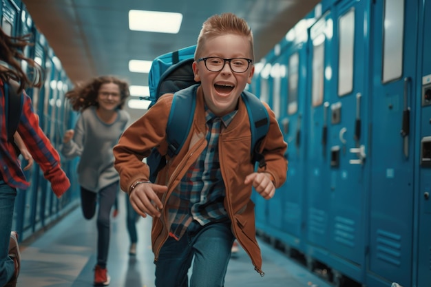 Children running in the school hallway laughing and playing around their lockers Some wearing glasses and backpacks creating an energetic atmosphere