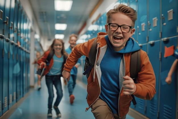 Children running in the school hallway laughing and playing around their lockers Some wearing glasses and backpacks creating an energetic atmosphere