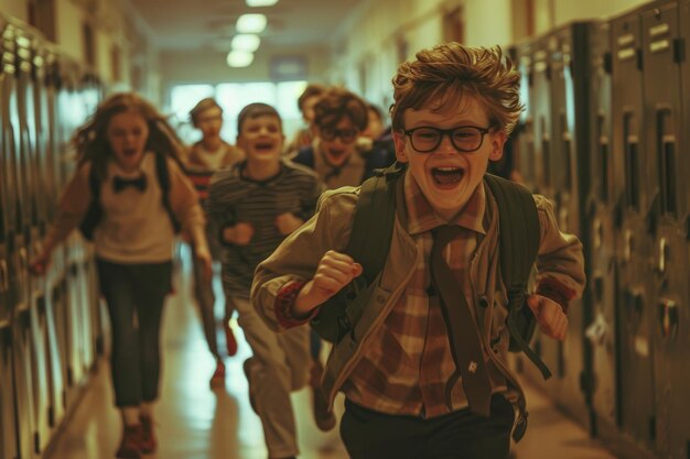 Children running in the school hallway laughing and playing around their lockers Some wearing glasses and backpacks creating an energetic atmosphere