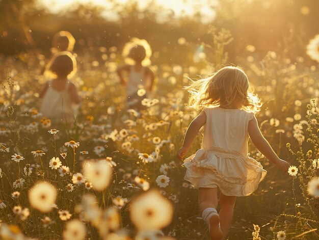 Photo children running in a sunny flower field