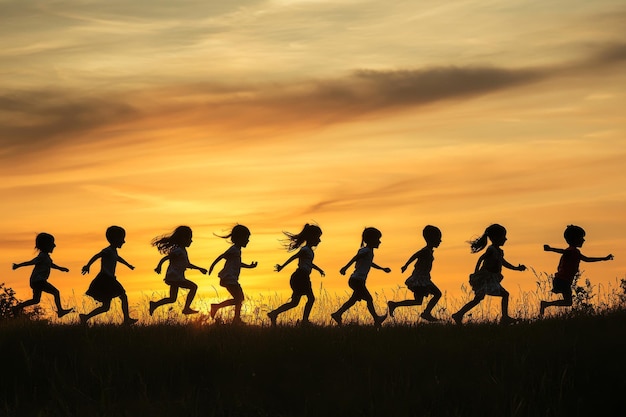 Photo children running at sunset on a grassy hill silhouetted against sky