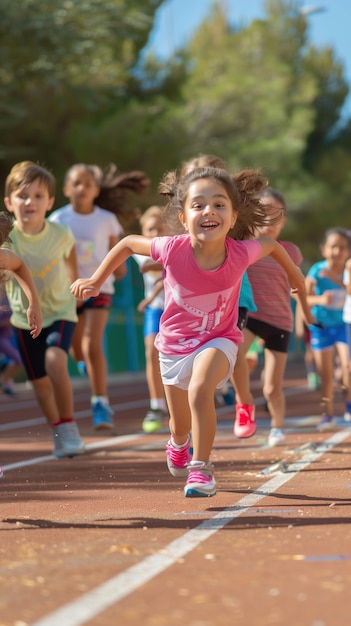 Children Running on Tennis Court