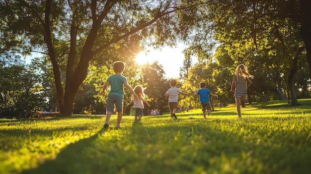 Photo children running through a park with the sun shining through the trees