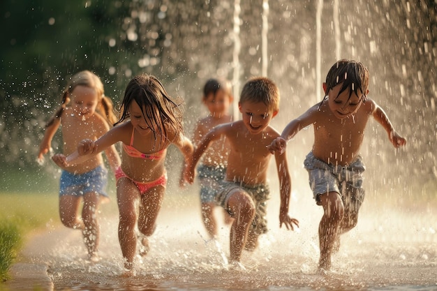 Children running through sprinklers in the backyard