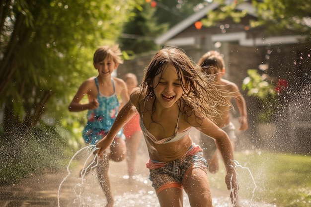 Children running through sprinklers in the backyard