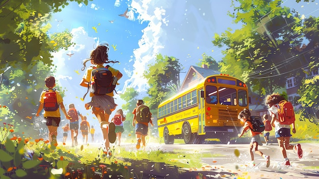 Children running towards a school bus on a sunny day