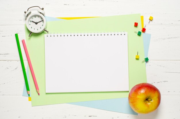 Children's accessories for study creativity and office supplies on a white wooden background Back to school concept Copy space