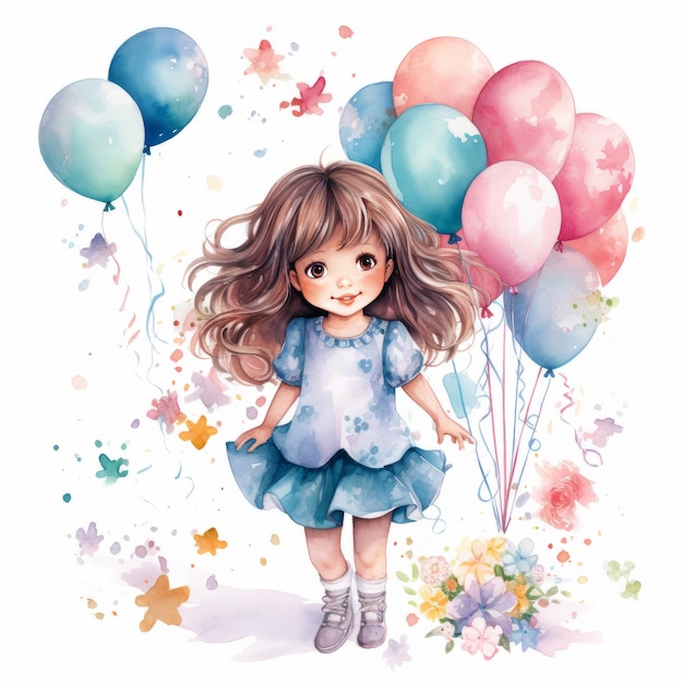 children's birthday clipart Happy girl with balloons Watercolor illustration for cards