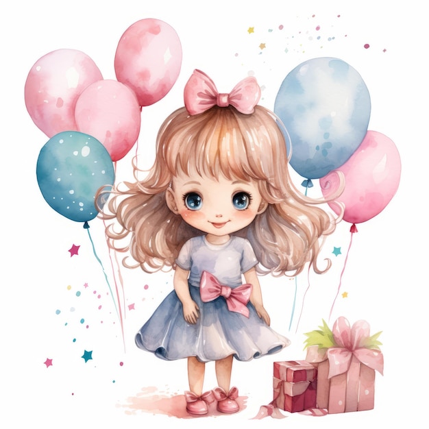 children's birthday clipart Happy girl with balloons Watercolor illustration for cards