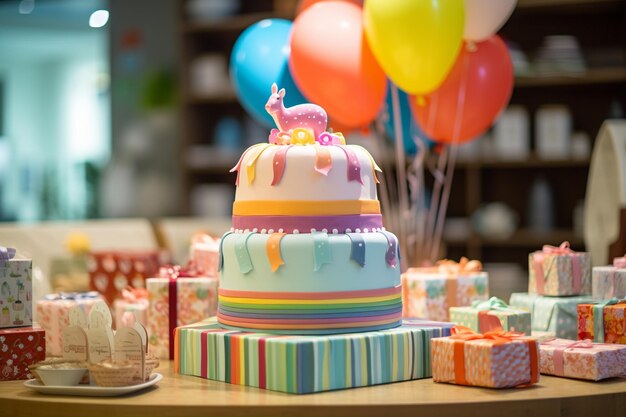 Children's birthday party with cake and gifts