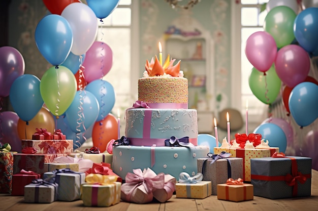 Children's birthday party with cake and gifts