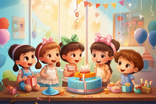 Children's birthday party with cake and gifts