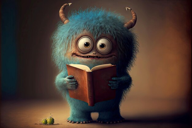 Children's book in hands of cute monster reads books generative ai