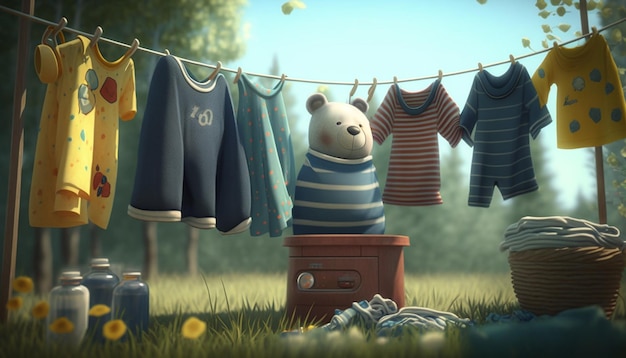 Children's clothes are dried on a line with clothespins Generative AI