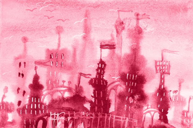 Children's diy watercolor drawing on textured paper a mirage of a night city with castles and flags kids art handmade painting toned in viva magenta trend color of the year 2023