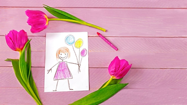 Photo children's drawing of mother s day greetings purple tulip flowers and pencil