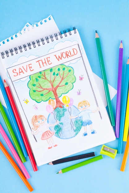 Children's drawing of the planet, tree, children, the problem of environmental protection, ecology. 