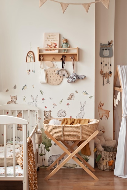 Children's educational wooden toys Nursery decor Scandinavian style playroom Wicker cradle