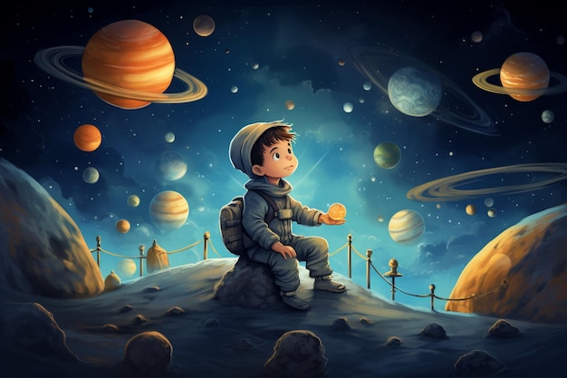 Children's fantasy tale with planets and space