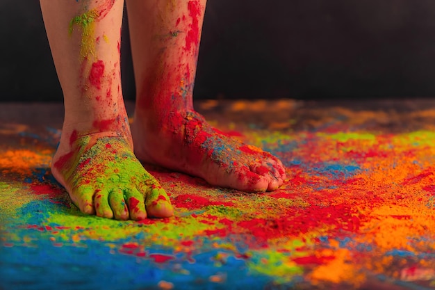 children's feet all sprinkled with multi-colored bright Holi colors, copy space