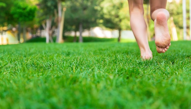 Children's feet go on the grass Selective focus