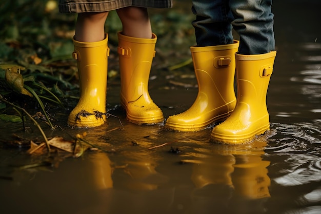 Children's feet in yellow rubber boots stand in a puddle in rainy weather in the park