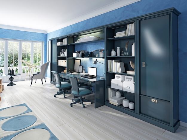 Children's furniture storage system with two built-in desks. Children's has a modern design in blue. 3D render.