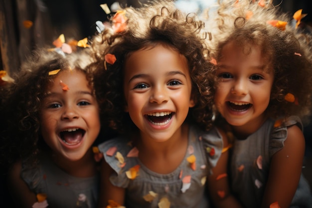 Children's group Happy multicultural children having fun celebrating their birthdays with colorful confetti child birthday concept