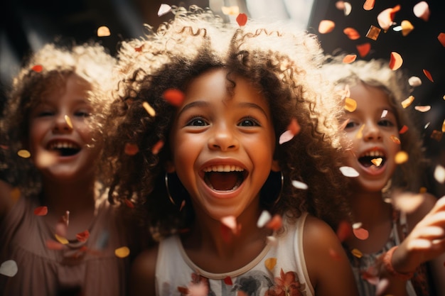 Children's group Happy multicultural children having fun celebrating their birthdays with colorful confetti child birthday concept