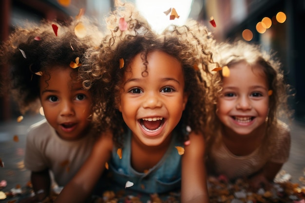 Children's group Happy multicultural children having fun celebrating their birthdays with colorful confetti child birthday concept