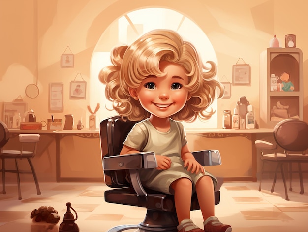 Children's haircut salon little blonde girl smiling with her new hair look